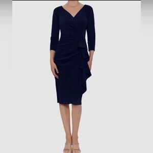 Xscape Women's Navy Blue Scuba-Fabric V-Neck Draped Midi Dress Size 18